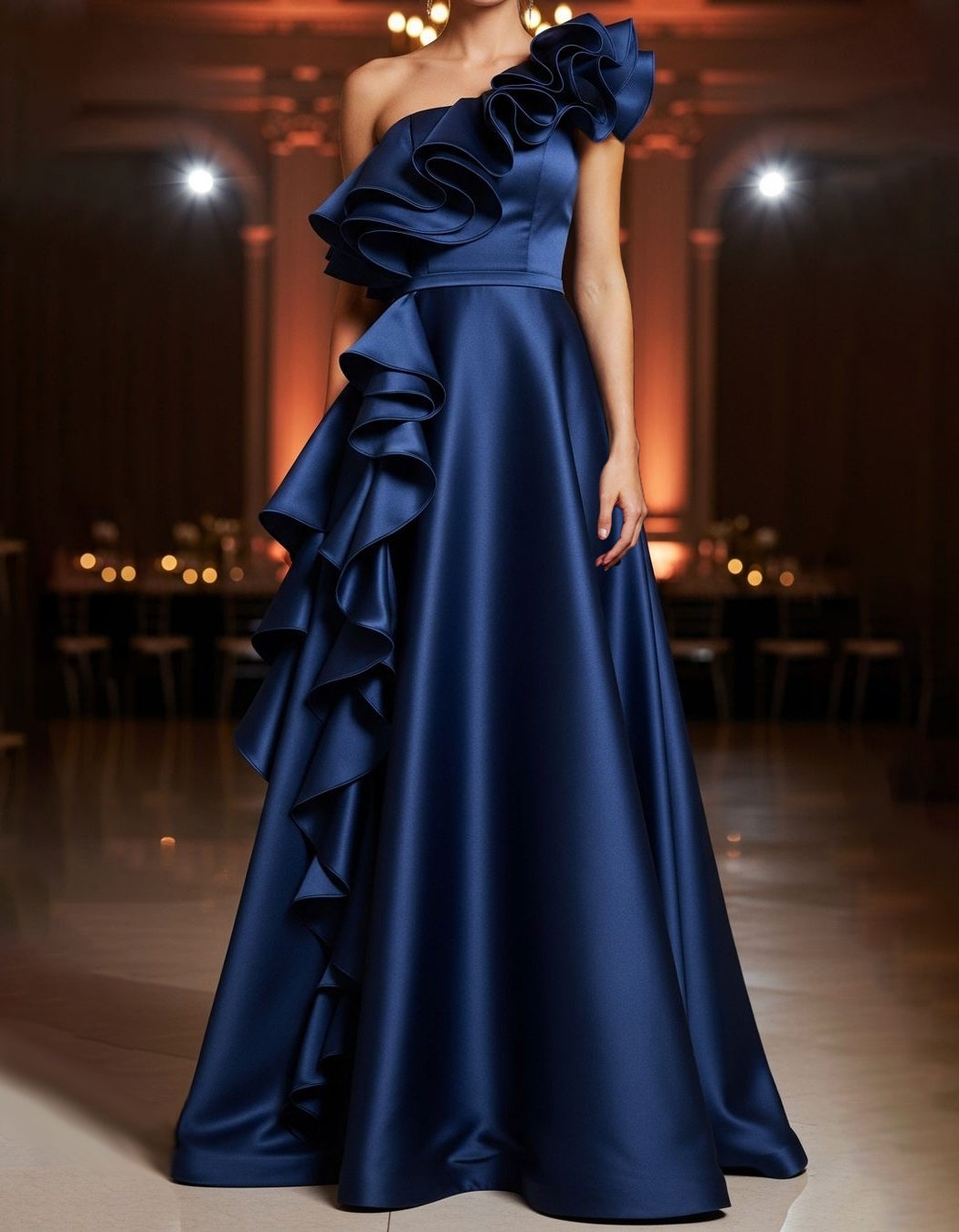 Vestido maxi azul marino de satén con un hombro y volantes