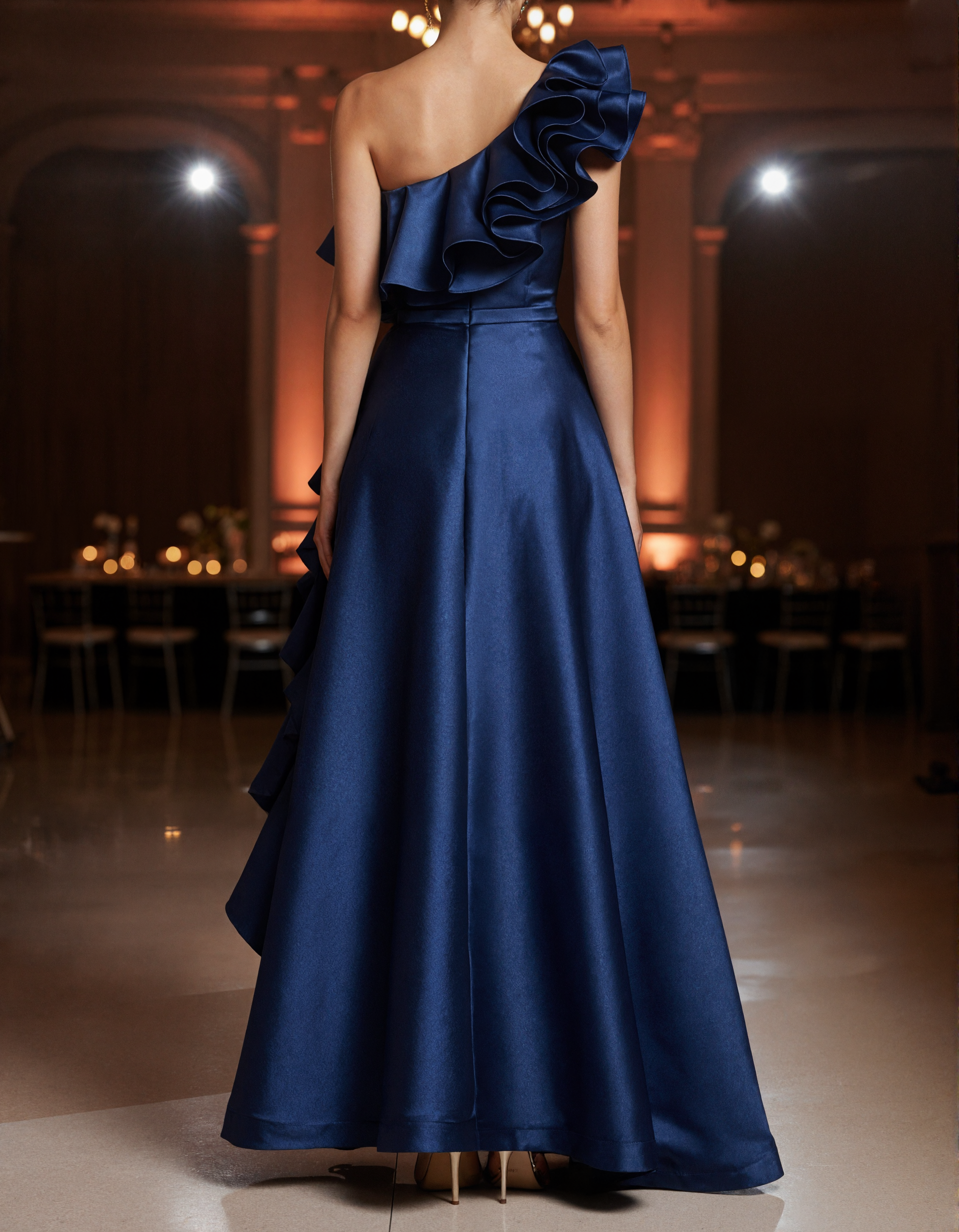 Navy Blue One Shoulder Ruffled Satin Maxi Dress