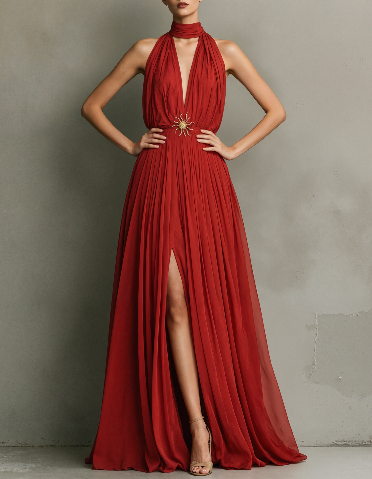 Rotes Chiffon Maxikleid mit tiefem V-Ausschnitt und Schlitz (ohne Taillenbrosche)