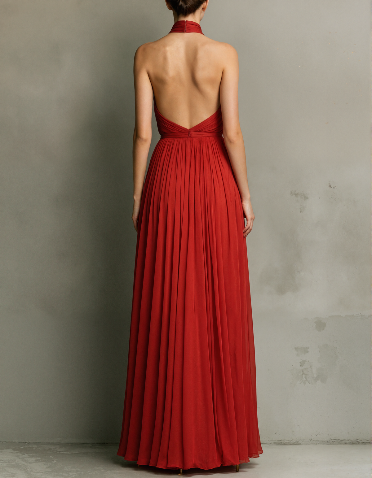 Rotes Chiffon Maxikleid mit tiefem V-Ausschnitt und Schlitz (ohne Taillenbrosche)