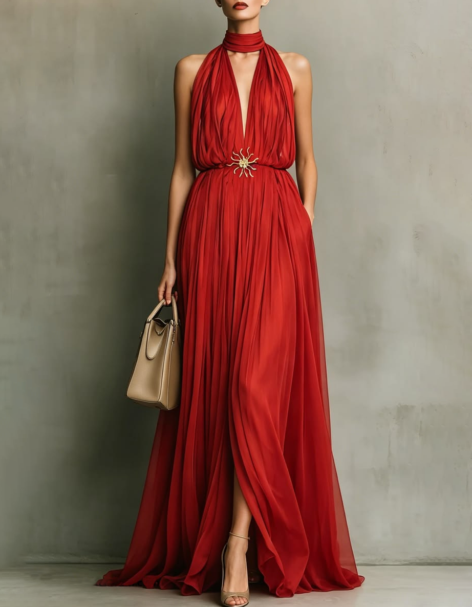 Red Chiffon Deep V Neck Split Maxi Dress（Without Waist Brooch）