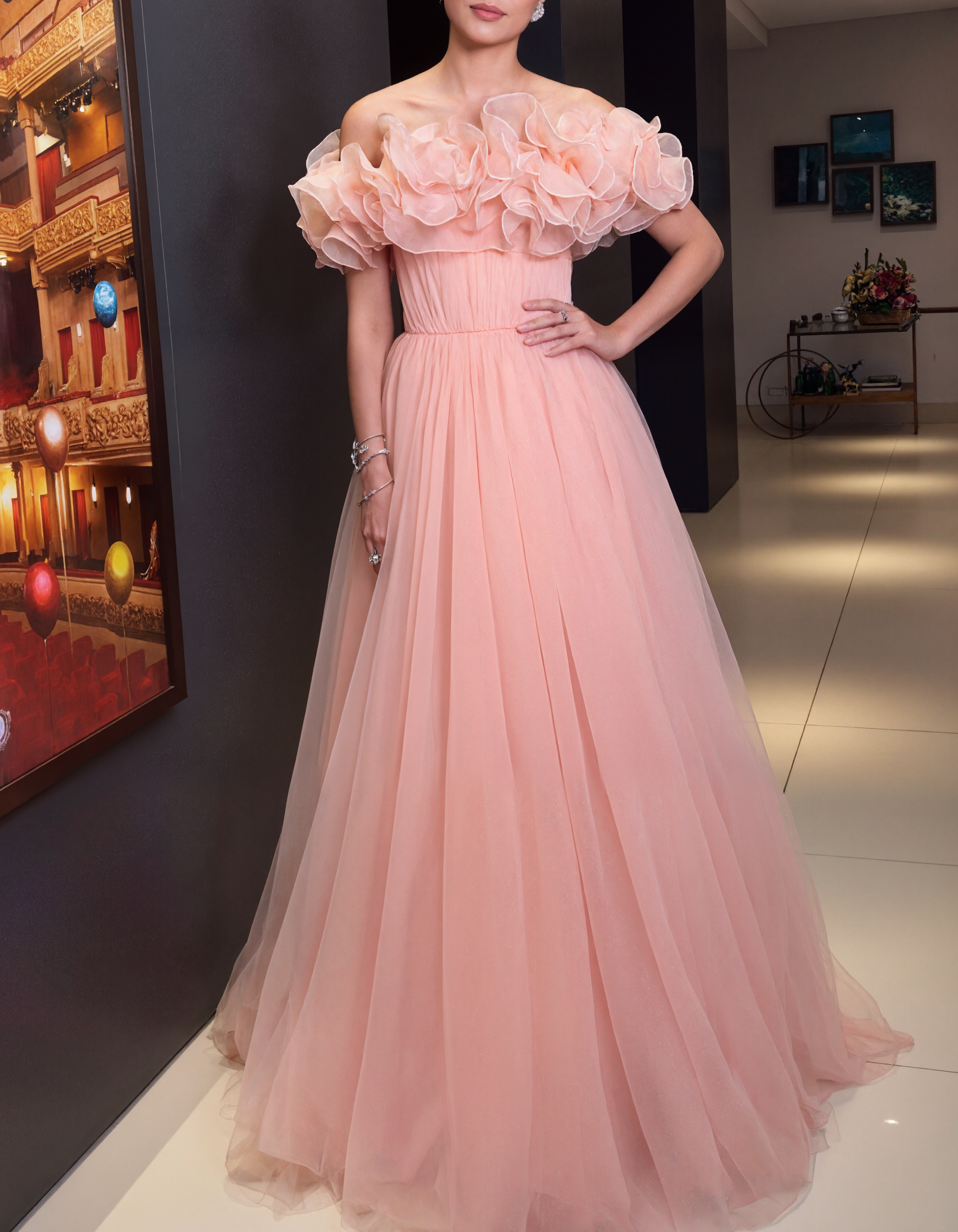 Light Pink Tulle Off-the-Shoulder Ruffle Waist-Cinched Maxi Dress