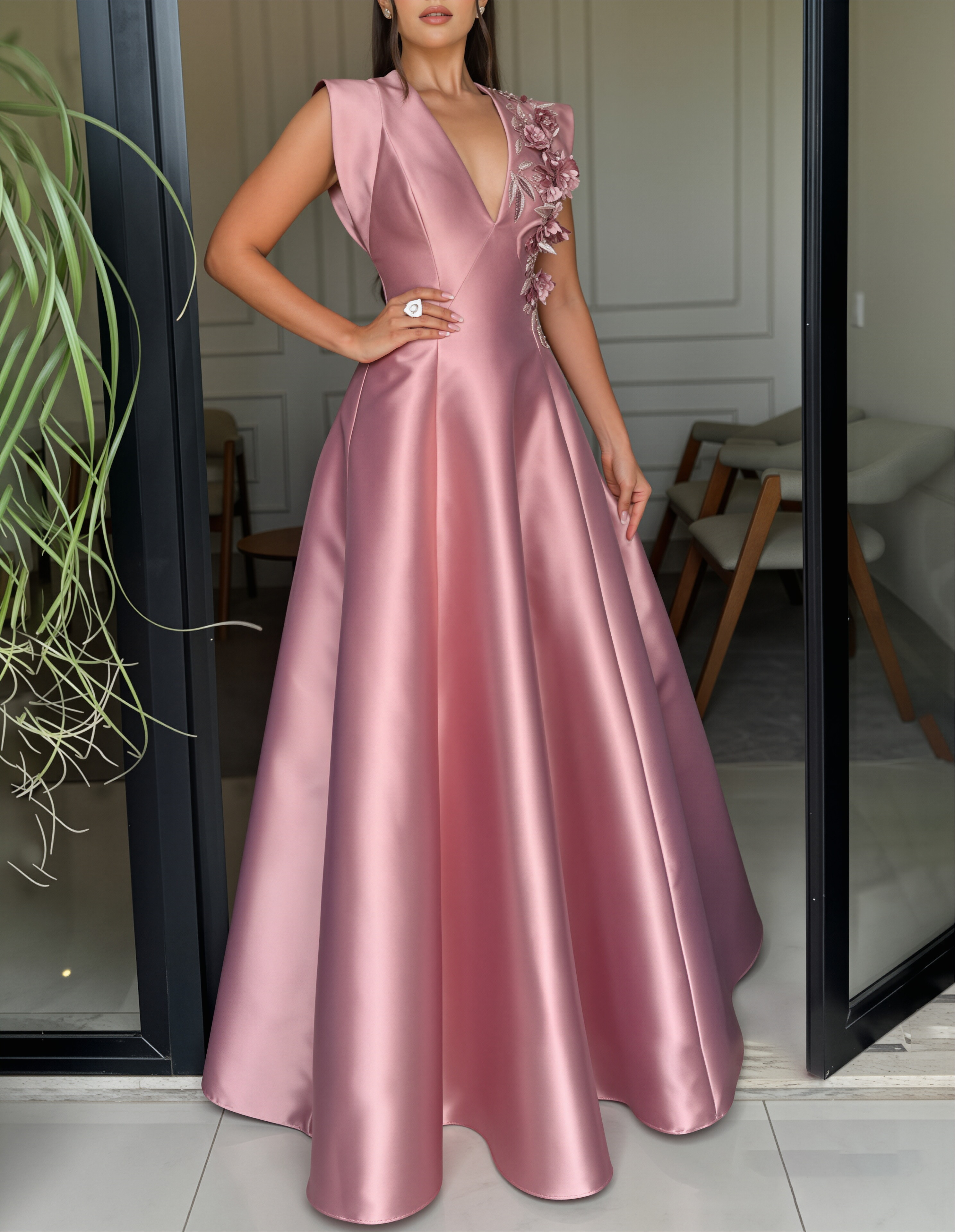 Pink Satin Deep V Neck Floral Sequin Embroidered Maxi Dress