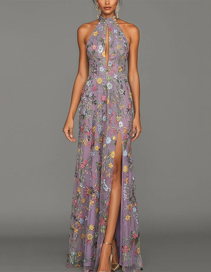 Lavender Halter Keyhole Multi-Color Floral Embroidered Tulle High-Slit Maxi Dress