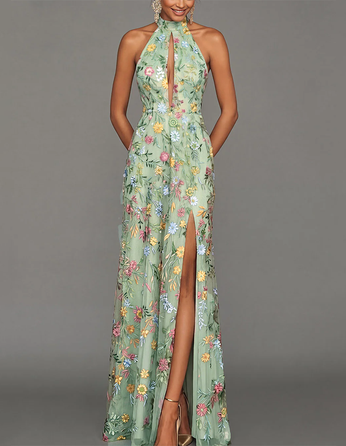 Lavender Halter Keyhole Multi-Color Floral Embroidered Tulle High-Slit Maxi Dress