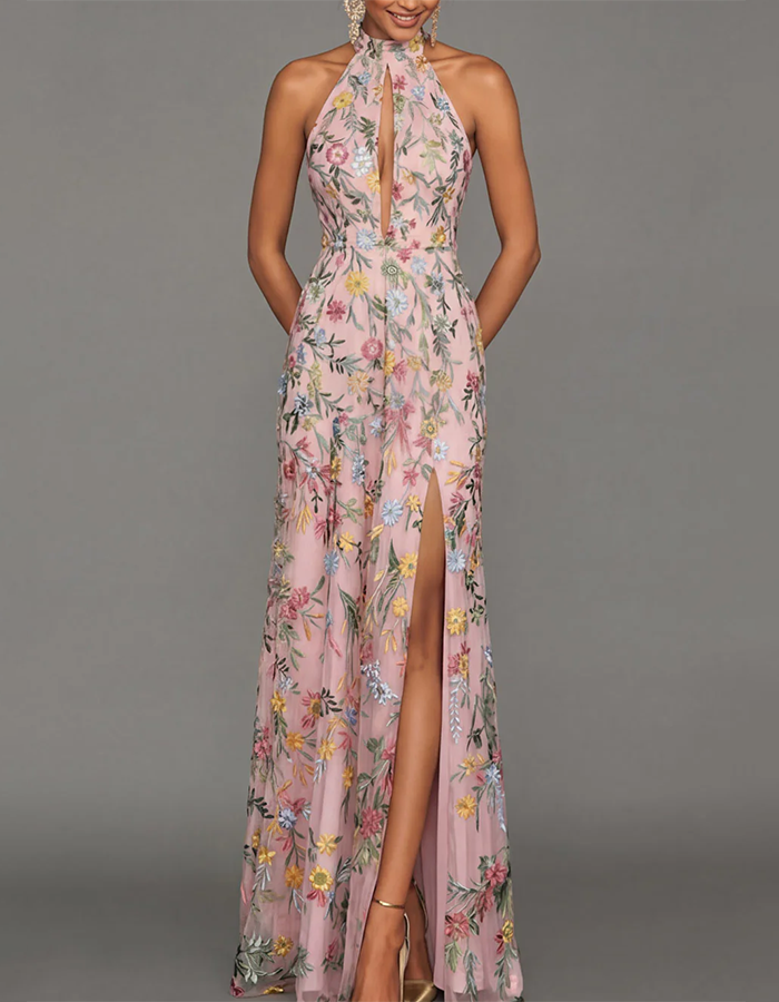 Lavender Halter Keyhole Multi-Color Floral Embroidered Tulle High-Slit Maxi Dress
