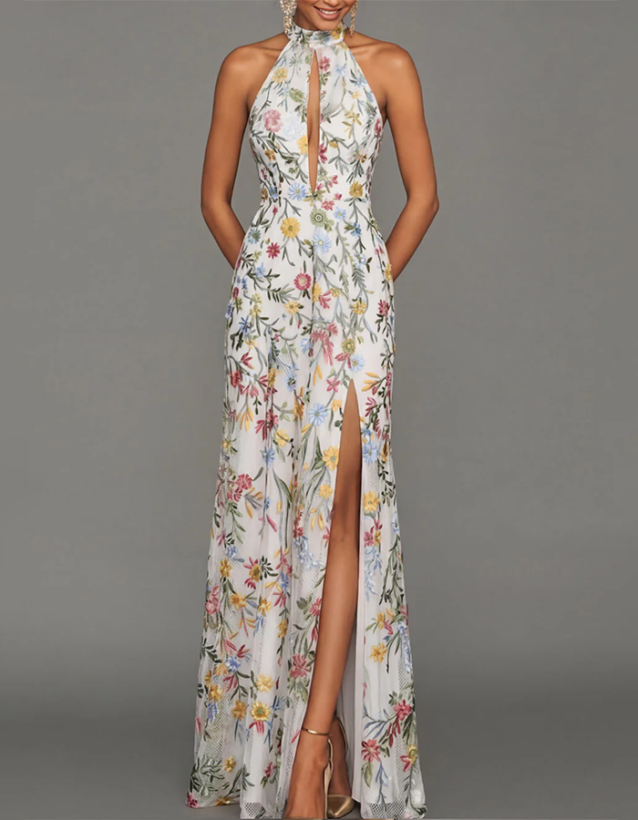 Lavender Halter Keyhole Multi-Color Floral Embroidered Tulle High-Slit Maxi Dress