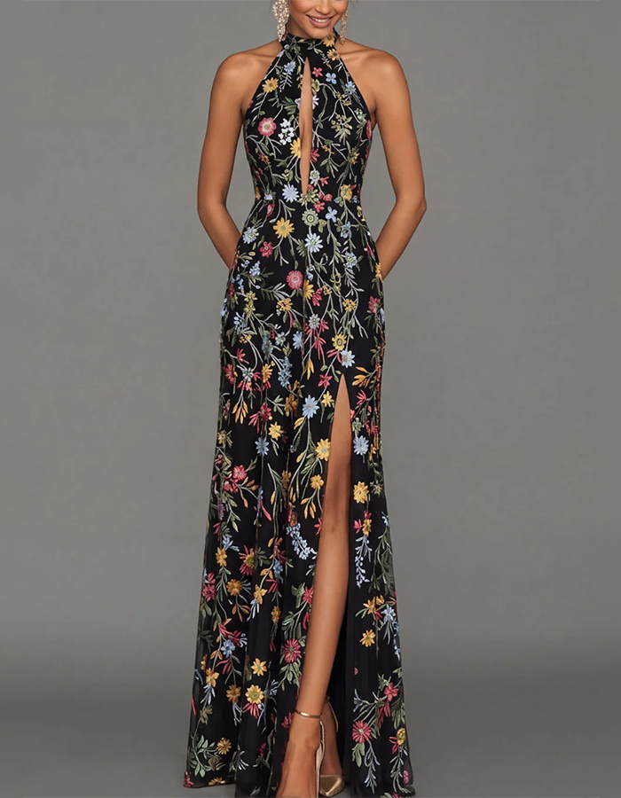 Lavender Halter Keyhole Multi-Color Floral Embroidered Tulle High-Slit Maxi Dress