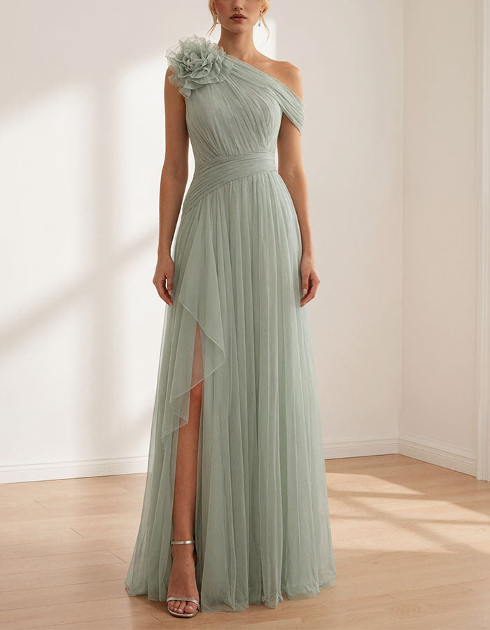 Salbeigrünes Maxikleid aus Tüll mit Ein-Schulter-3D-Blumenmuster  