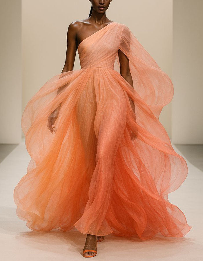 Vestido maxi laranja de chiffon com um ombro só e mangas tipo xale