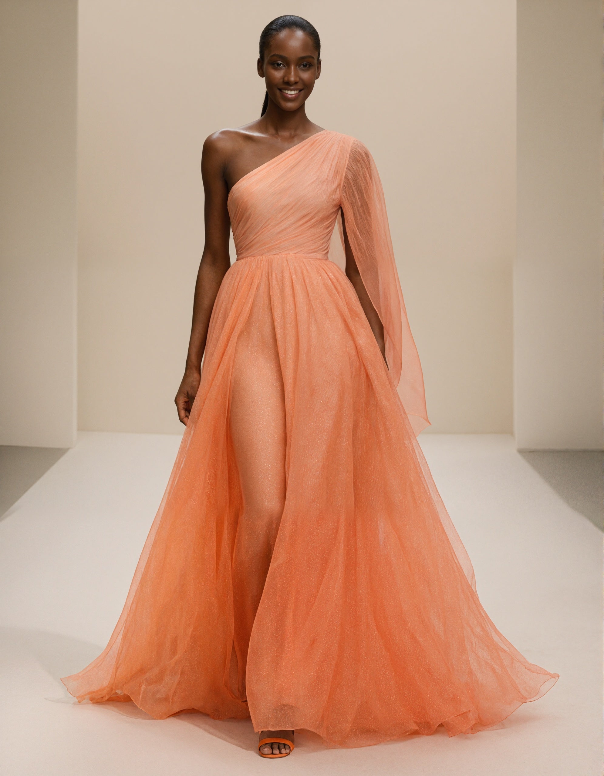 Orange One Shoulder Shawl Sleeve Chiffon Maxi Dress