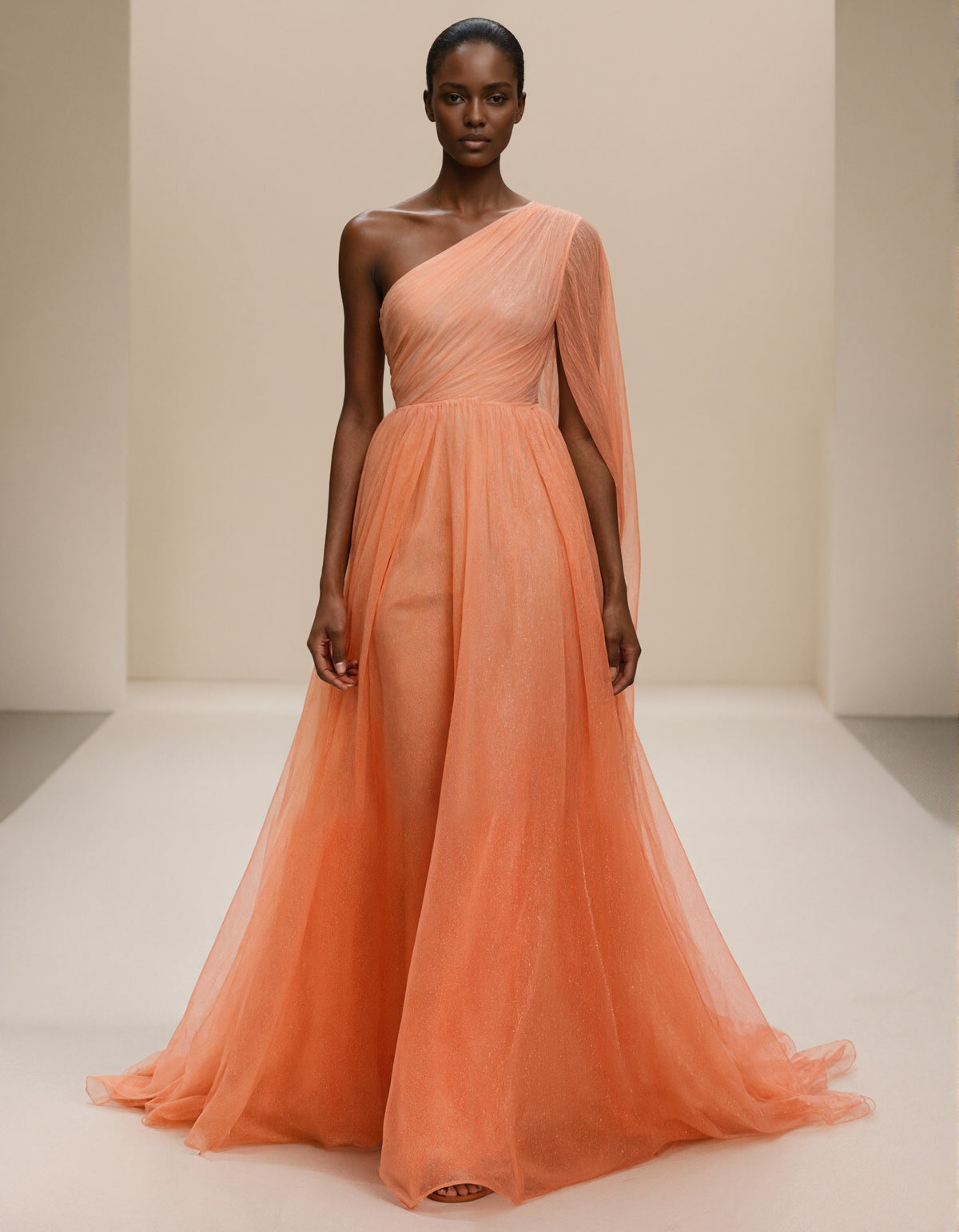 Vestido maxi laranja de chiffon com um ombro só e mangas tipo xale