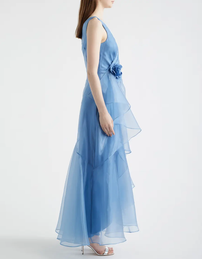 Robe longue en organza bleu ciel, sans manches, col en V, style portefeuille