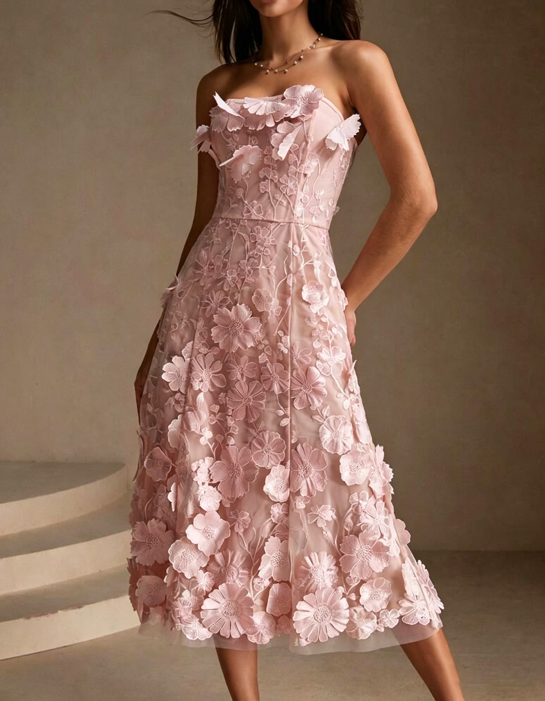 Strapless Chiffon Lace Embroidered Midi Dress