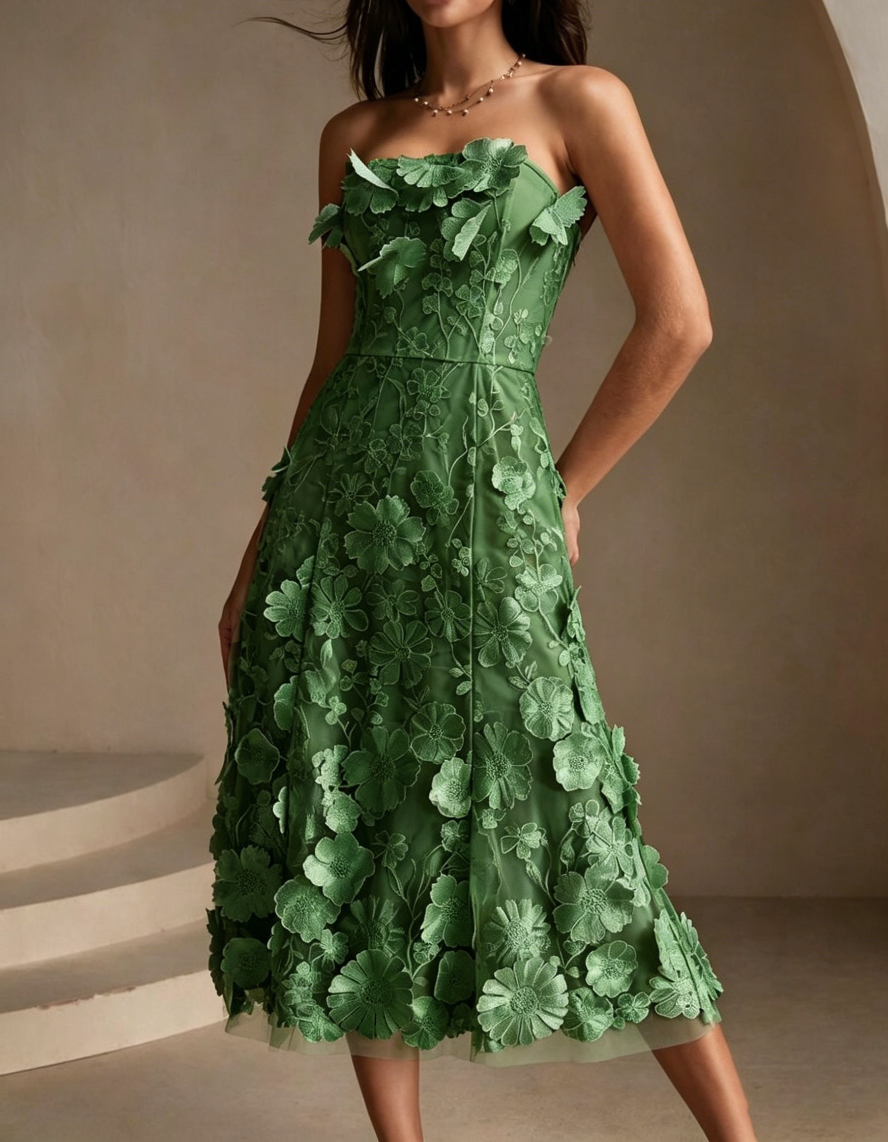 Strapless Chiffon Lace Embroidered Midi Dress