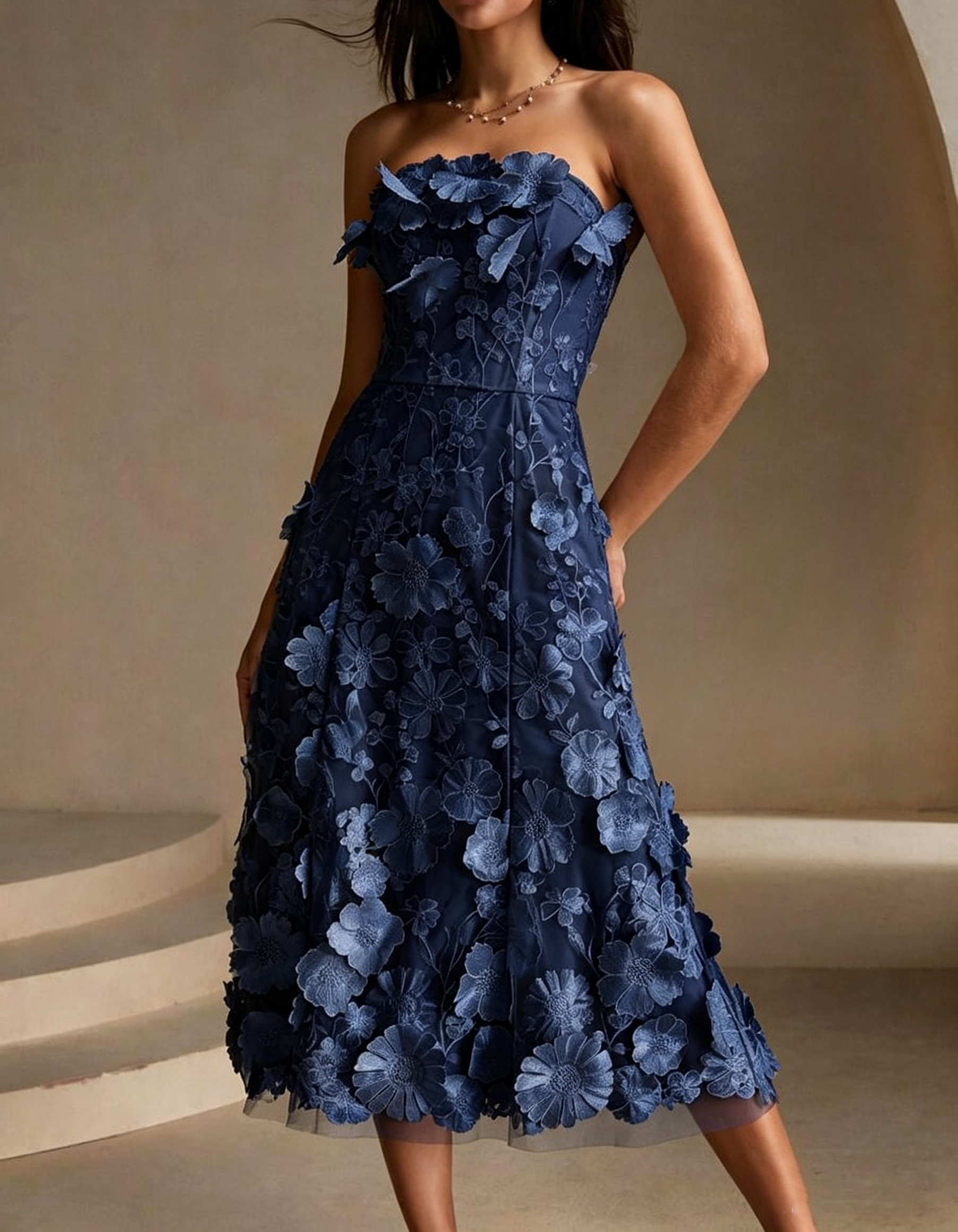 Strapless Chiffon Lace Embroidered Midi Dress