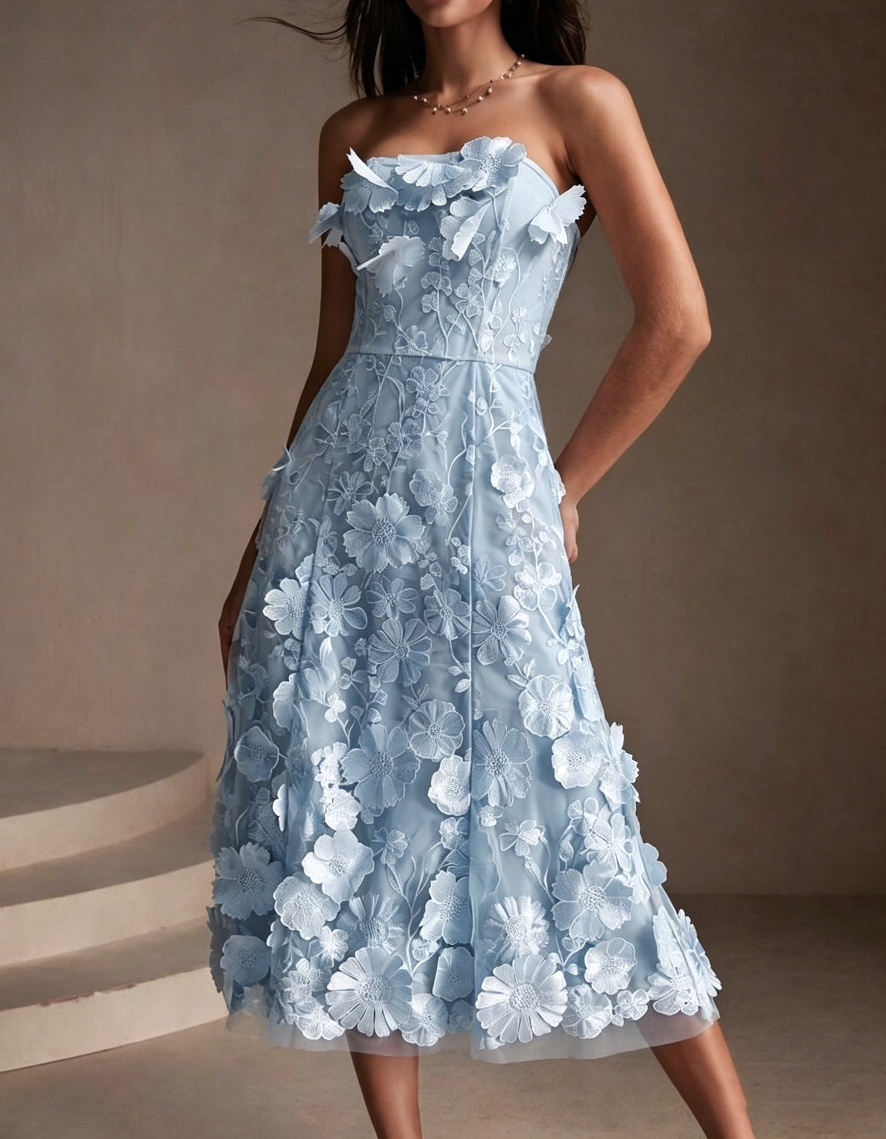Strapless Chiffon Lace Embroidered Midi Dress