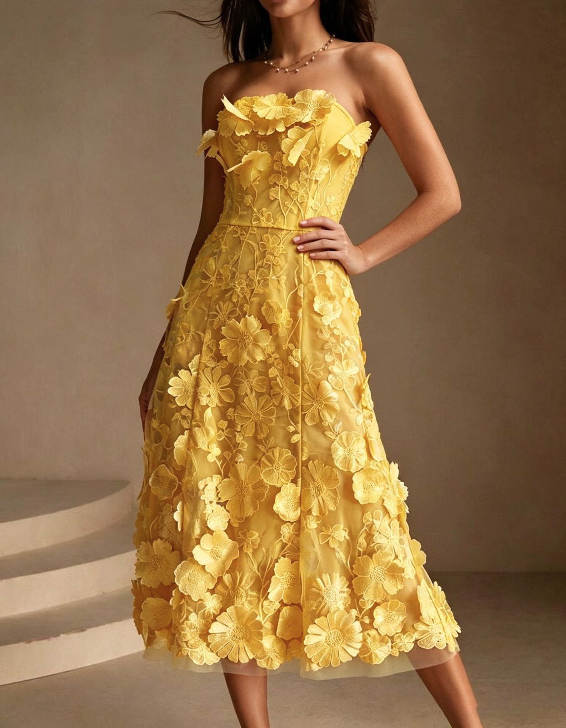 Strapless Chiffon Lace Embroidered Midi Dress