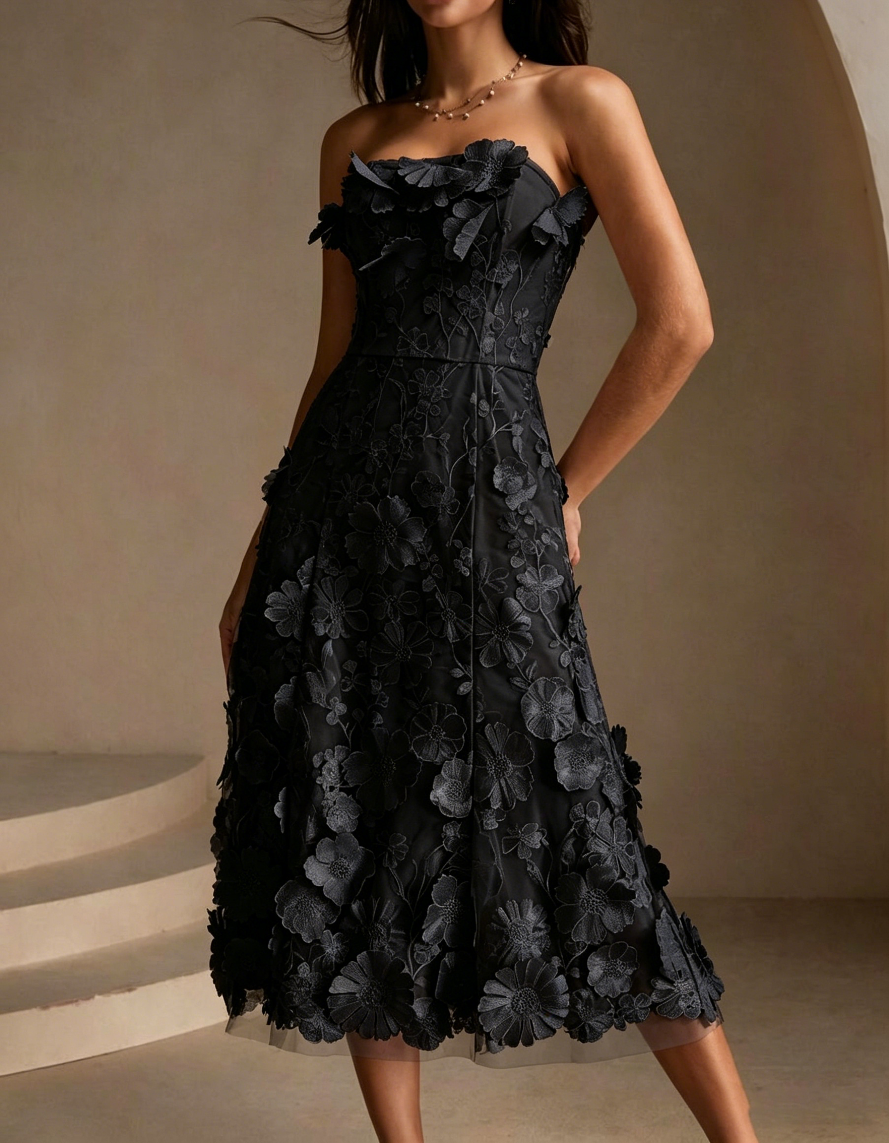 Strapless Chiffon Lace Embroidered Midi Dress