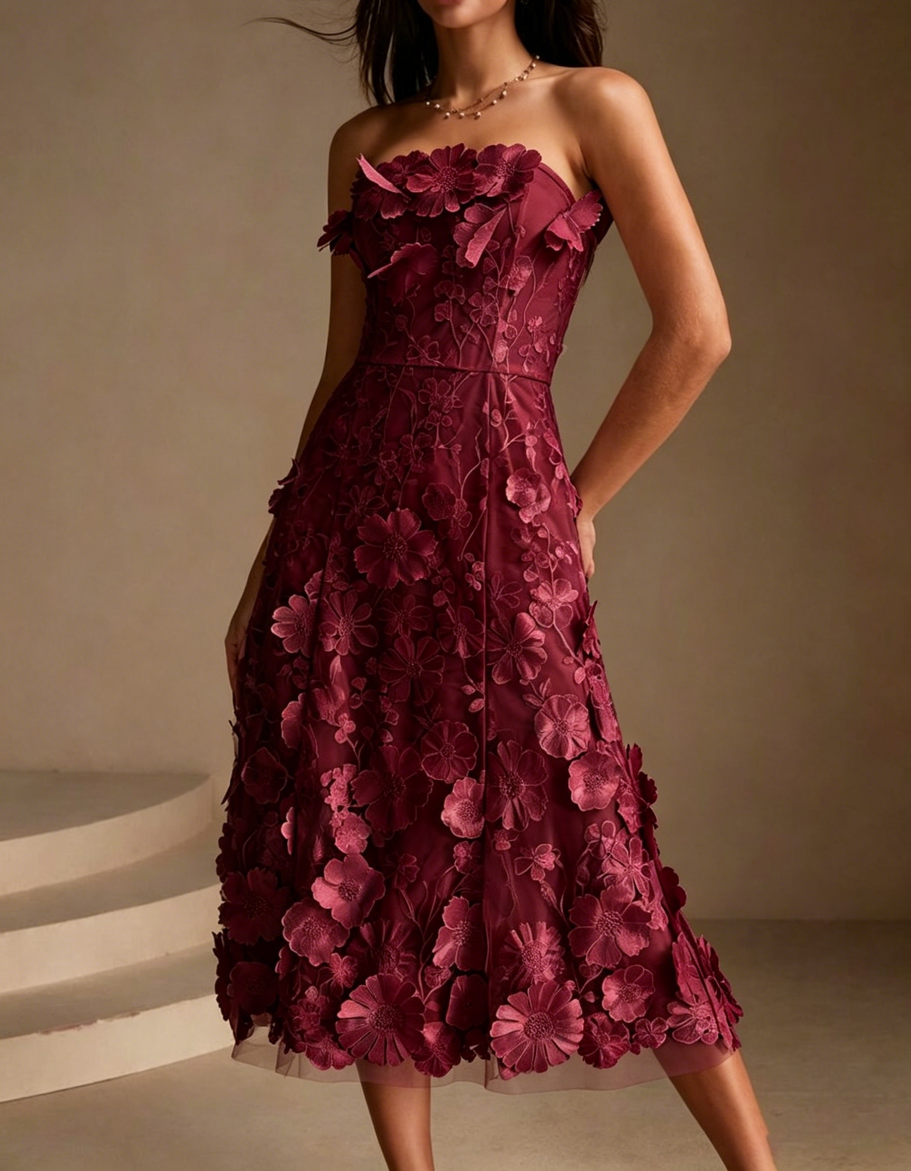 Strapless Chiffon Lace Embroidered Midi Dress