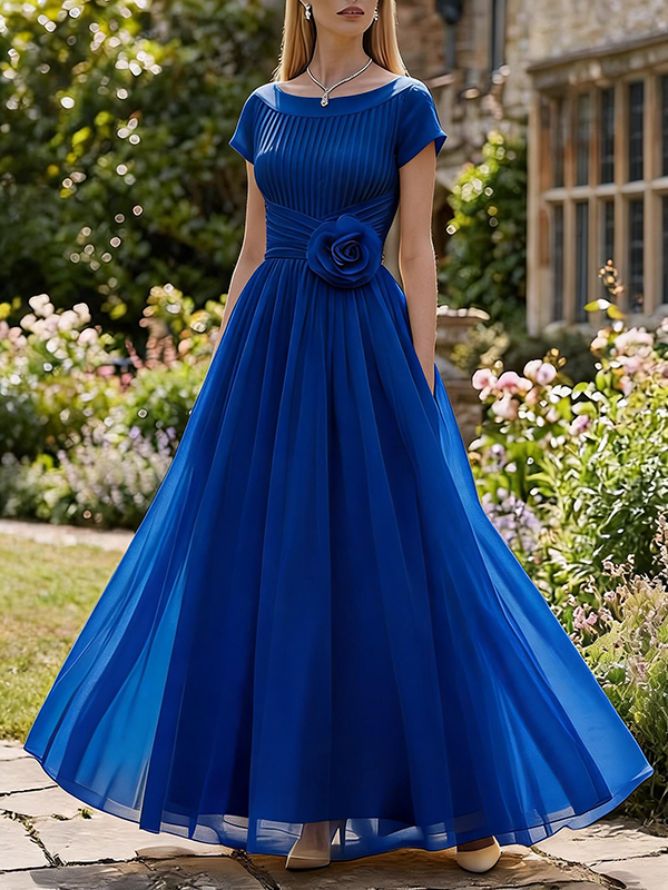 Vestido formal largo de gasa plisada en línea A color rosa rubor