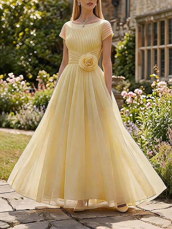 Vestido formal largo de gasa plisada en línea A color rosa rubor