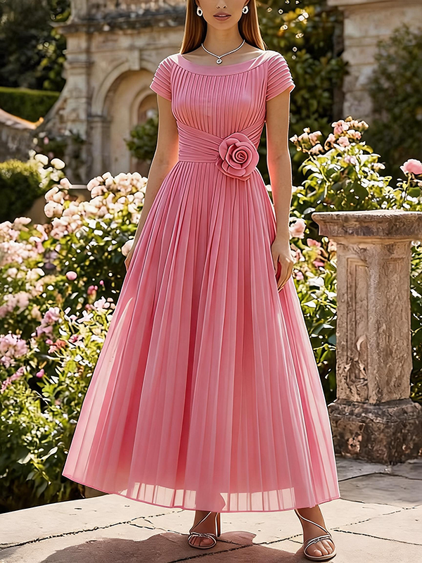 Vestido formal largo de gasa plisada en línea A color rosa rubor