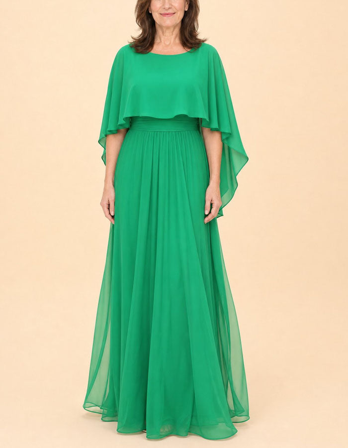 Einfarbiges Maxikleid aus Chiffon mit rundem Ausschnitt, Schal und gerüschten Ärmeln  