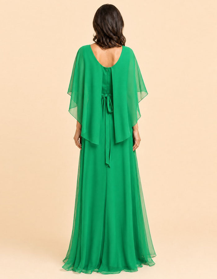 Einfarbiges Maxikleid aus Chiffon mit rundem Ausschnitt, Schal und gerüschten Ärmeln  