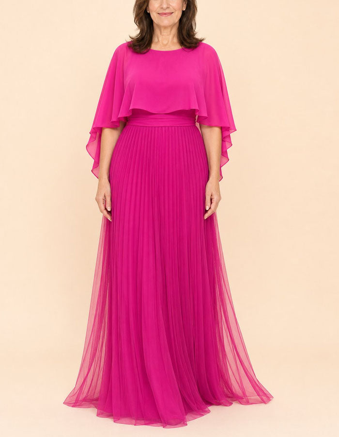 Einfarbiges Maxikleid aus Chiffon mit rundem Ausschnitt, Schal und gerüschten Ärmeln  