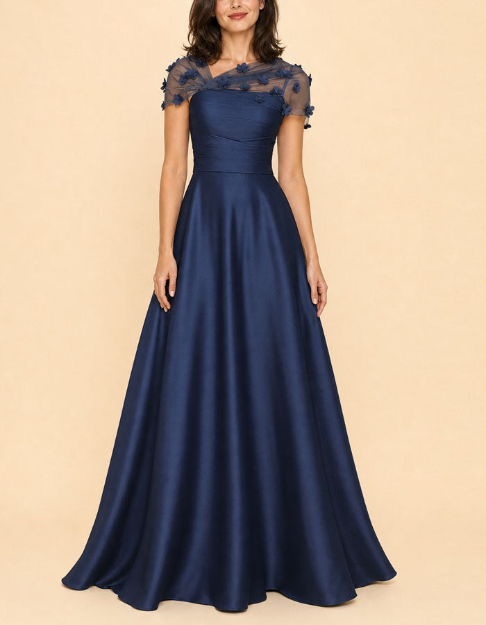Einfarbiges asymmetrisches Maxikleid aus Mesh mit Blumenmuster aus Satin  