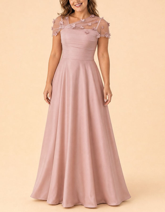 Einfarbiges asymmetrisches Maxikleid aus Mesh mit Blumenmuster aus Satin  