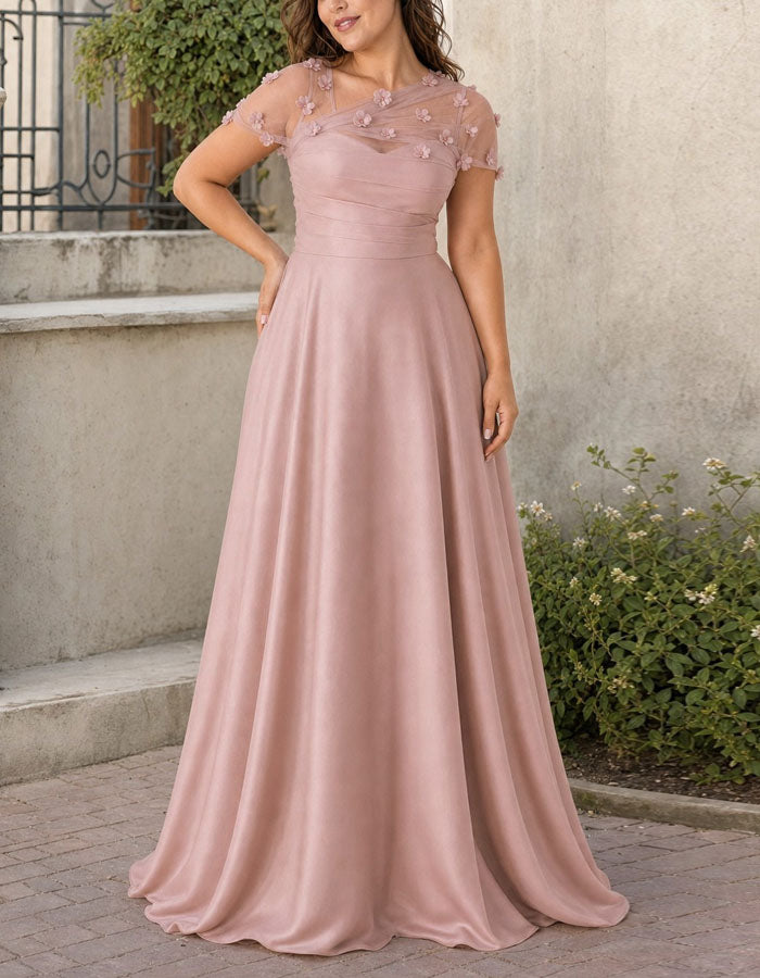 Rochie maxi uni asimetrică din satin cu plasă și model floral