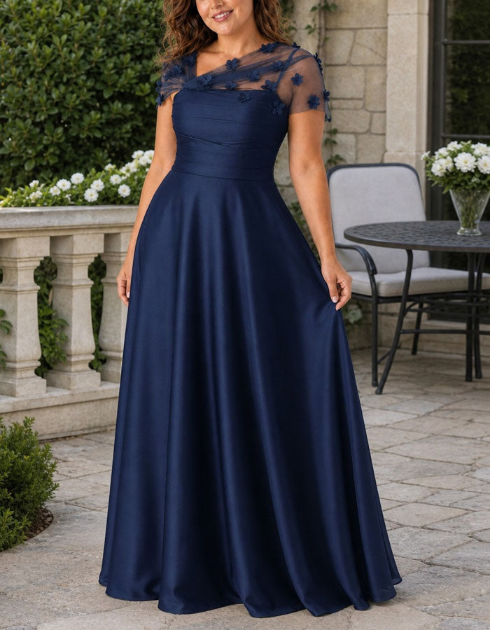 Einfarbiges asymmetrisches Maxikleid aus Mesh mit Blumenmuster aus Satin  