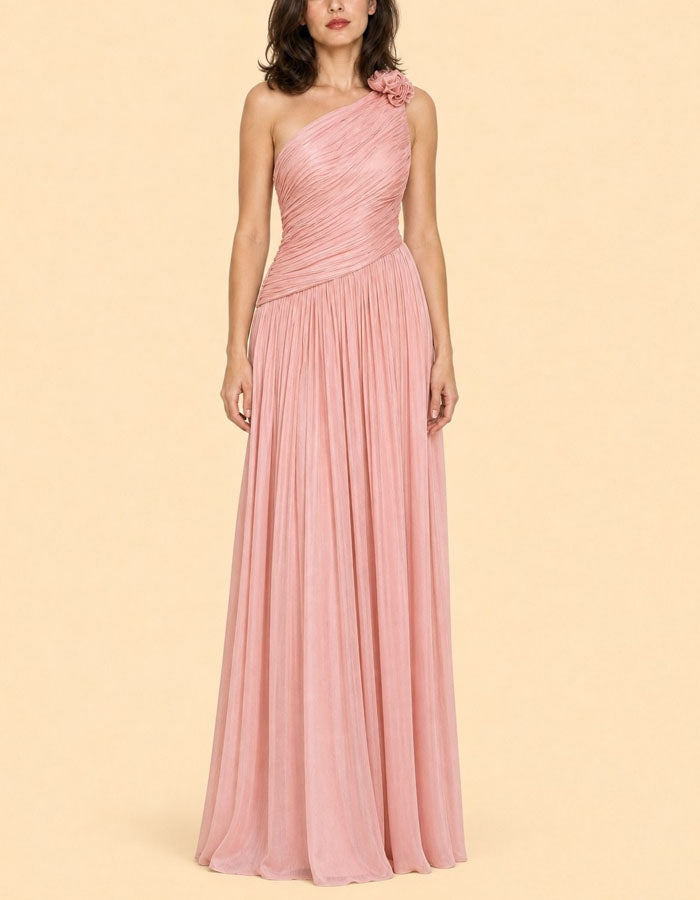 Effen kleur maxi-jurk met één schouder en 3D bloemen van chiffon