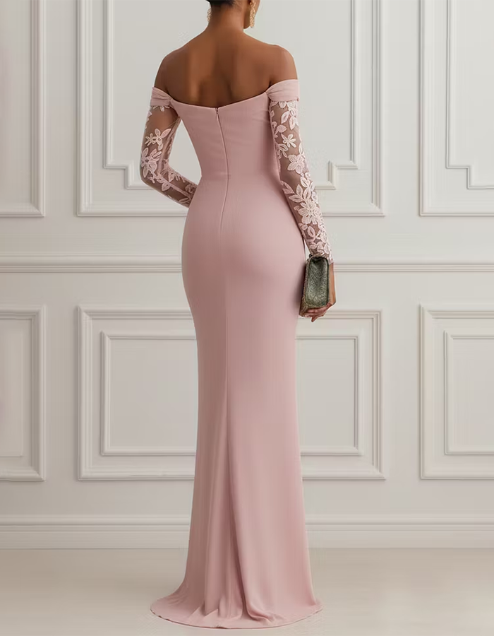 Robe longue sirène en tissu mélangé rose blush à épaules dénudées et froncée