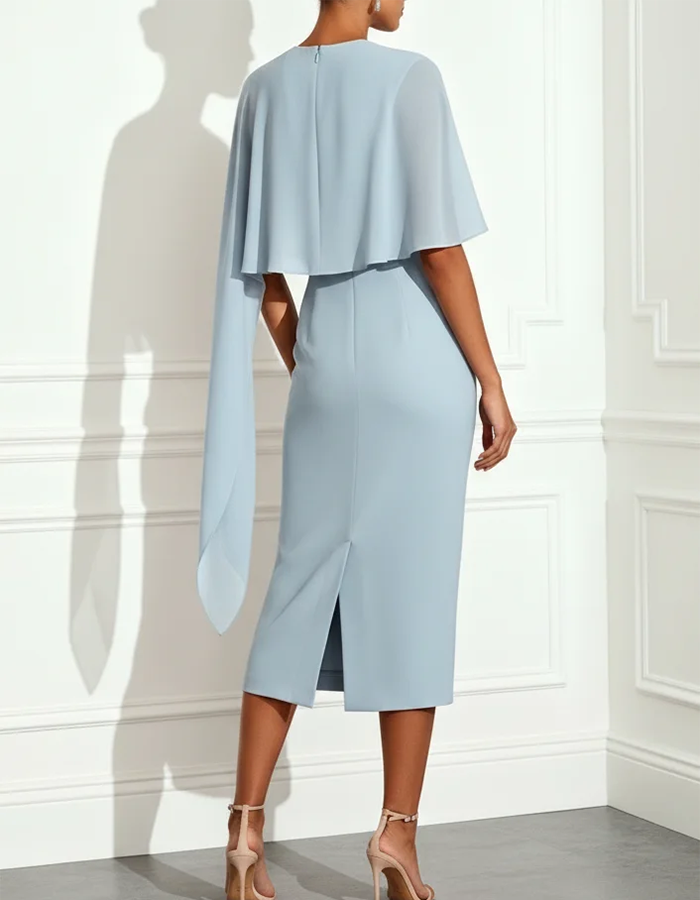 Light Blue Round Neck Capelet Sheath Midi Dress