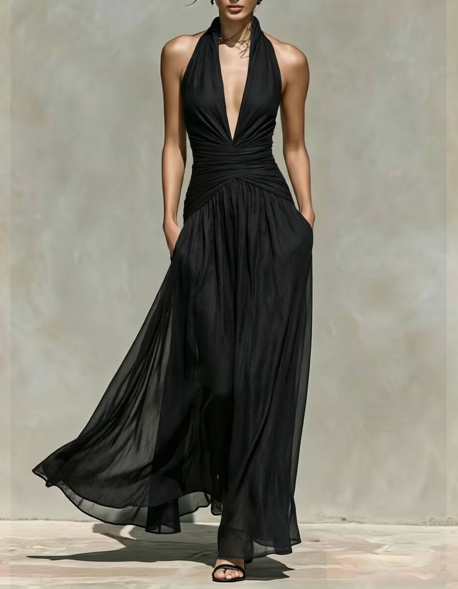 Halter Deep V Neck Ruched Chiffon Pockets Maxi Dress