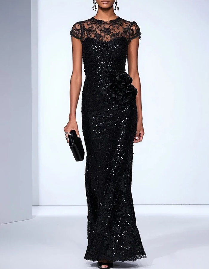 Black Illusion Lace & Sequin Mermaid Maxi Dress