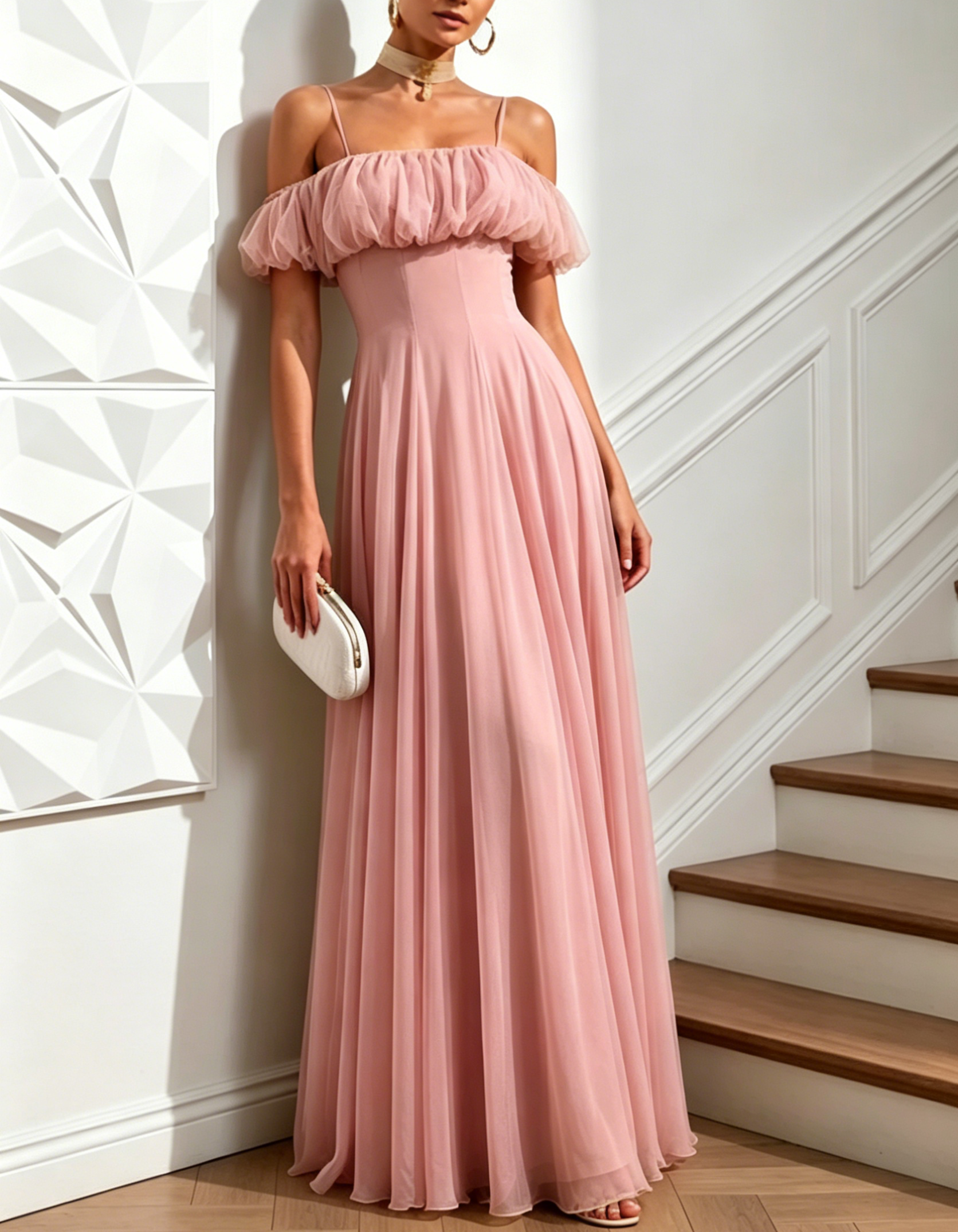 Chiffon Tulle Spaghetti Strap Off Shoulder A-Line Maxi Dress