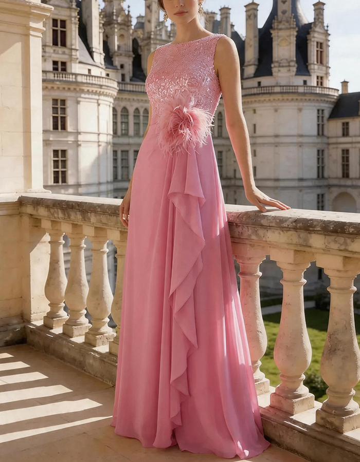 Blush Pink Sequin & Feather-Appliqué Chiffon A-Line Maxi Dress