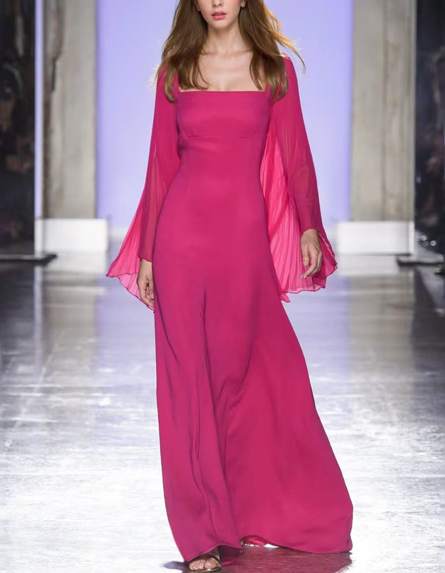 Magenta Chiffon Square Neck Flare Sleeve Maxi Dress
