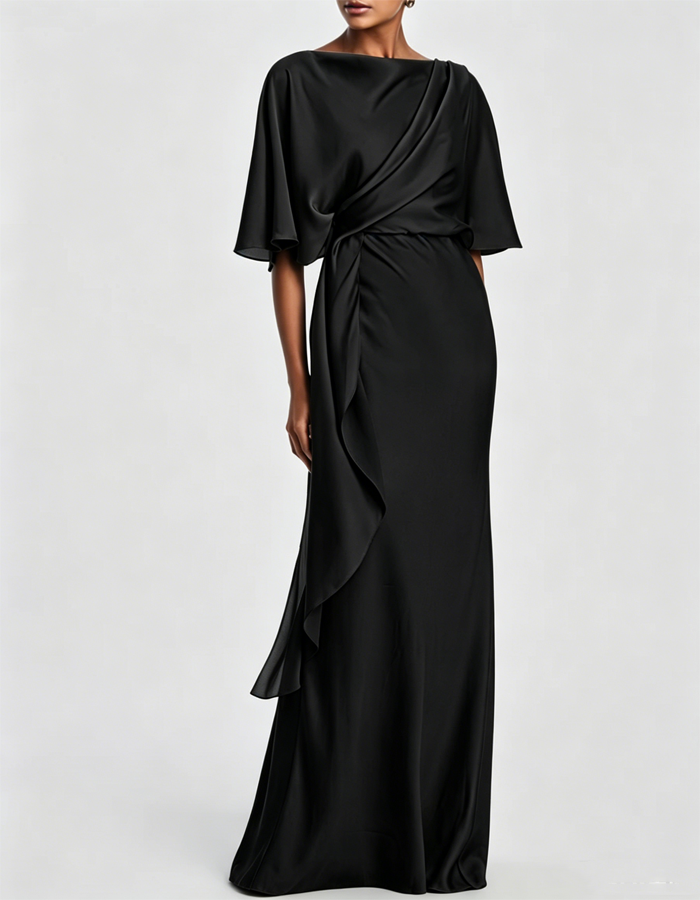 Vestido Maxi de Cetim Drapeado para Noite