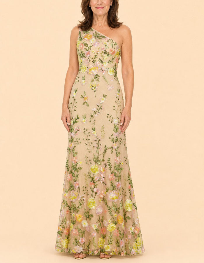 Vestido maxi cor damasco com tule bordado floral e bolsa de ombro