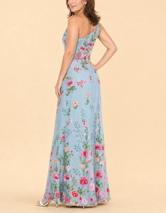 Robe longue bleue avec sac à épaule en maille brodée