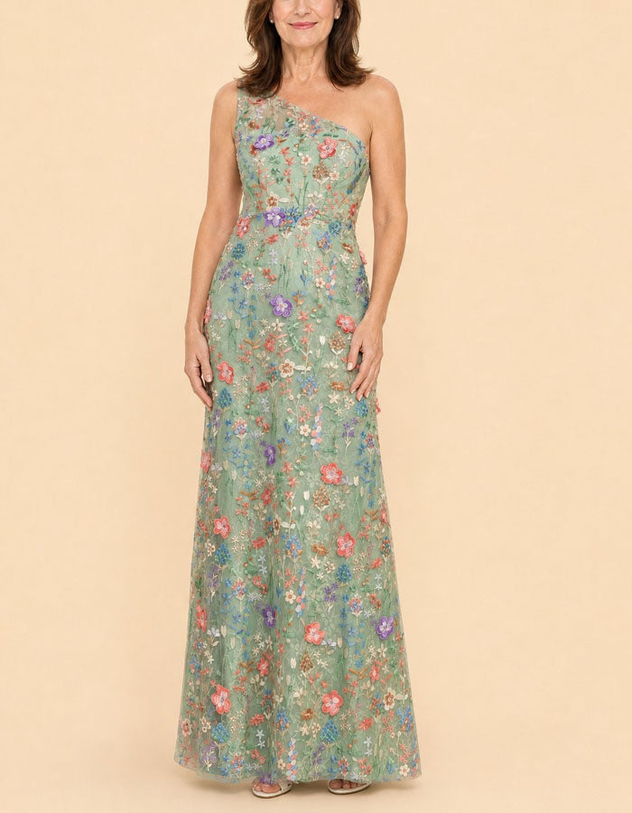 Salbeigrünes Maxikleid mit mehrfarbiger Blumenstickerei auf den Schultern  