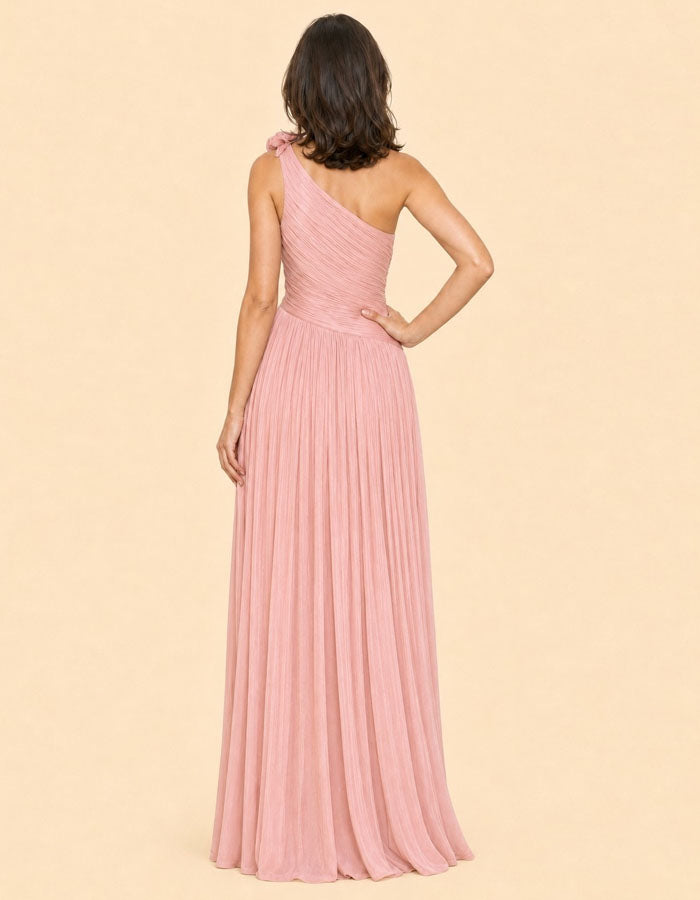 Effen kleur maxi-jurk met één schouder en 3D bloemen van chiffon