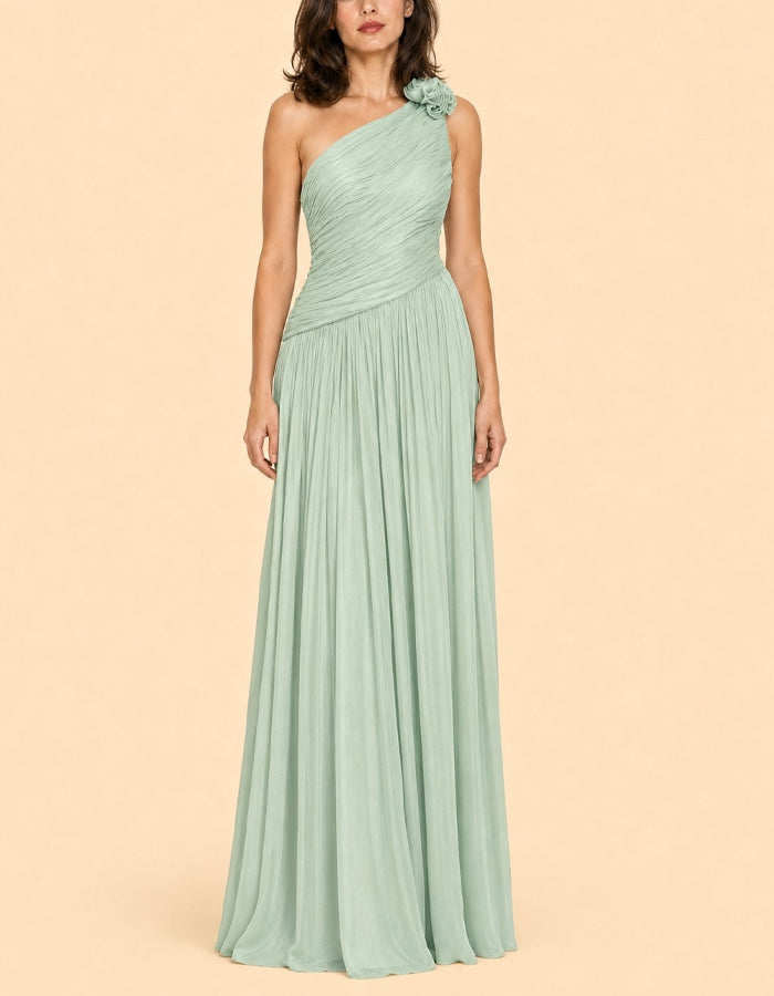 Effen kleur maxi-jurk met één schouder en 3D bloemen van chiffon
