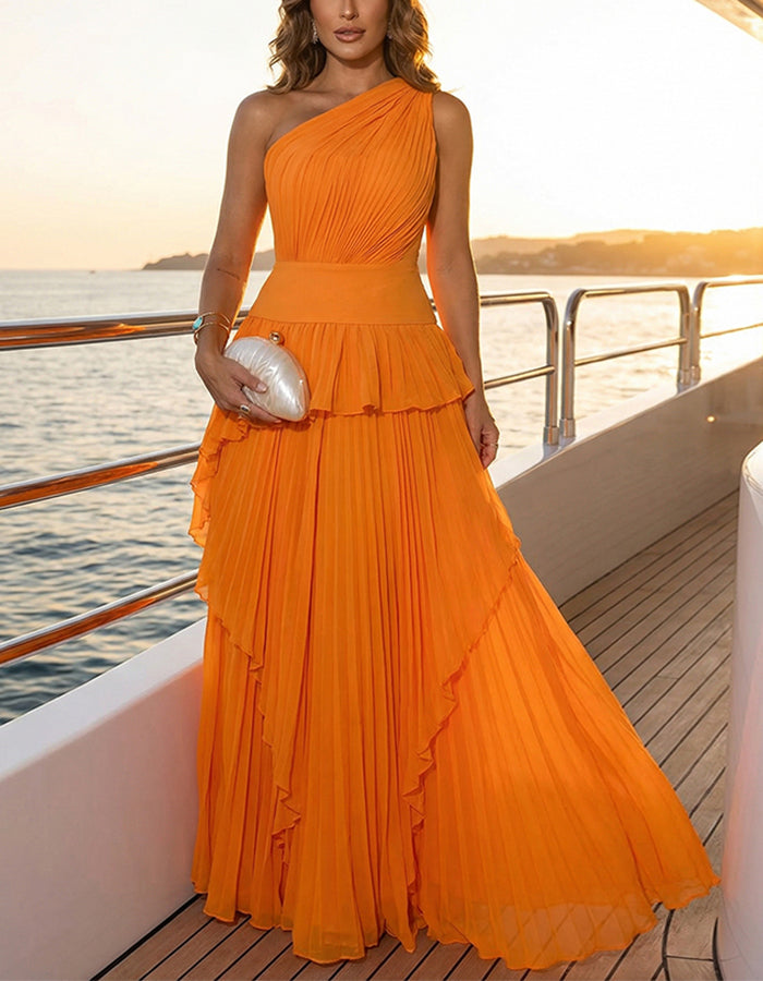 Vestido maxi laranja de chiffon plissado com um ombro só