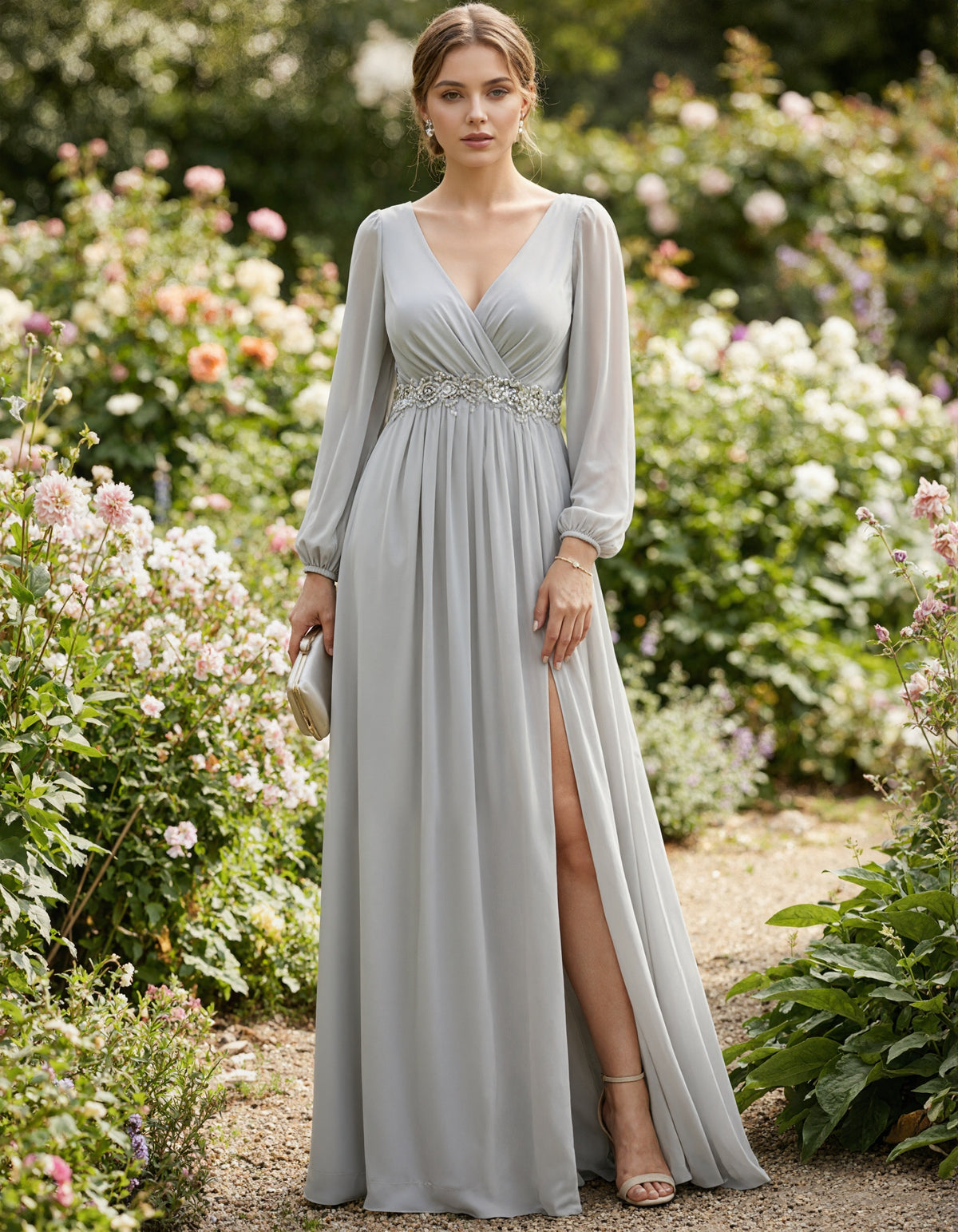 Vestido maxi gris claro de gasa con escote en V y mangas farol